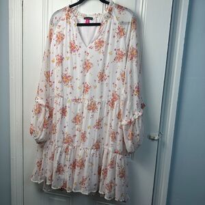 Vince Camuto Mini Dress Womens XXL White Floral Ruffle Cottage Lined V-Neck Plus